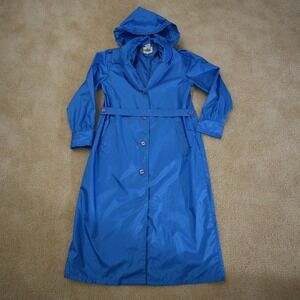 Totes Hooded Rain Coat Women Teal Blue Trench Style Belted Lined Vintage Size 6